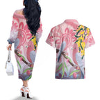 Australia Galah Couples Matching Off The Shoulder Long Sleeve Dress and Hawaiian Shirt Gumblossoms Golden Wattle Aboriginal Art