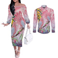 Australia Galah Couples Matching Off The Shoulder Long Sleeve Dress and Long Sleeve Button Shirt Gumblossoms Golden Wattle Aboriginal Art