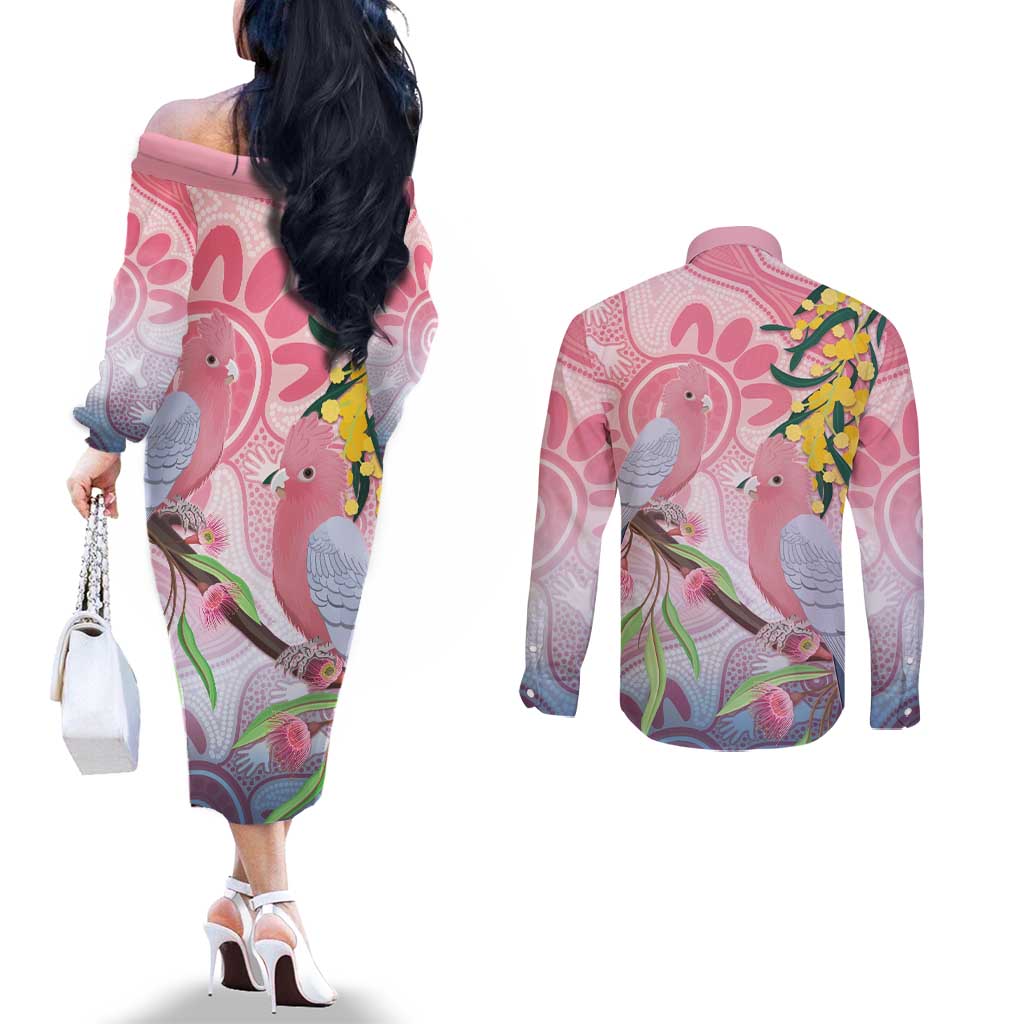 Australia Galah Couples Matching Off The Shoulder Long Sleeve Dress and Long Sleeve Button Shirt Gumblossoms Golden Wattle Aboriginal Art