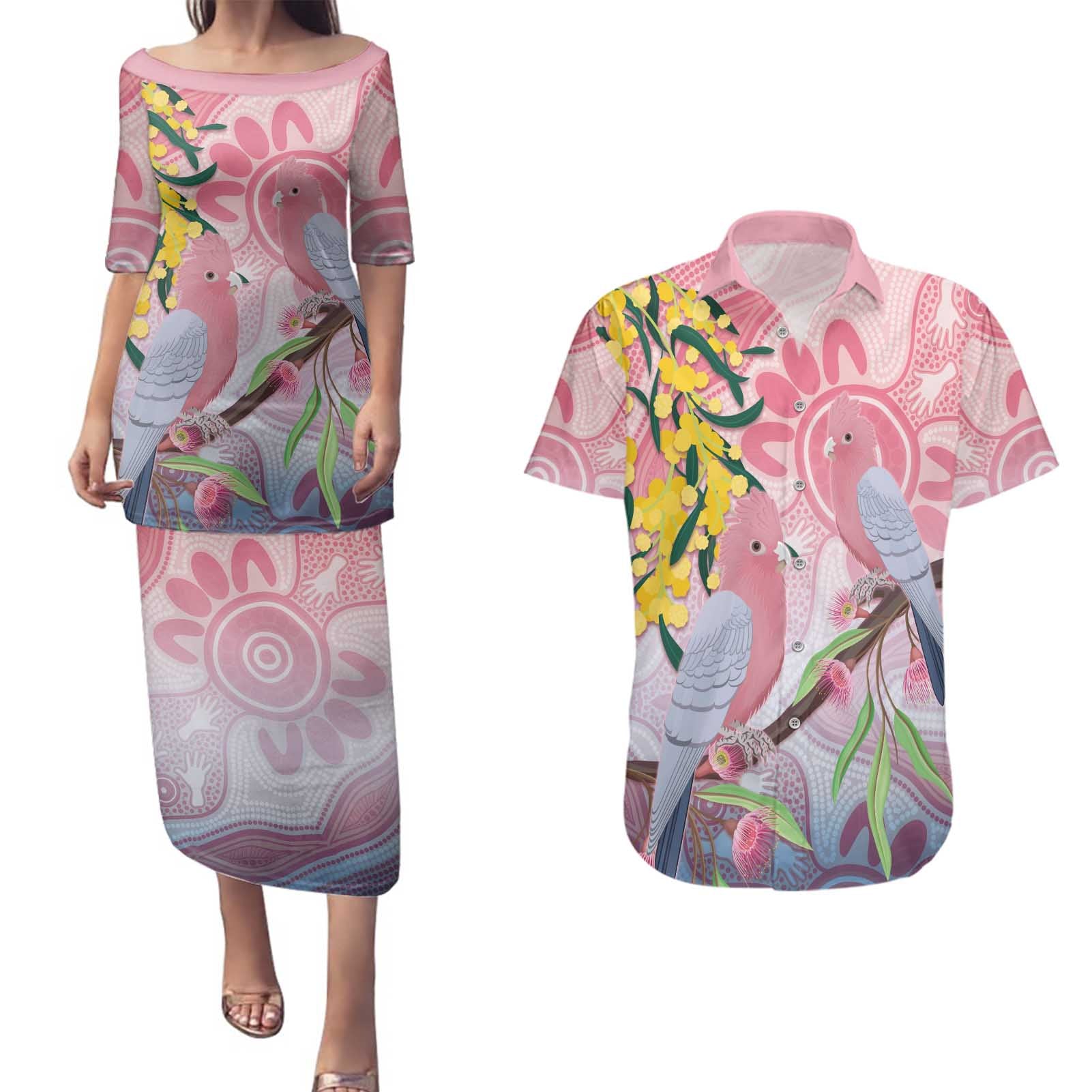 Australia Galah Couples Matching Puletasi and Hawaiian Shirt Gumblossoms Golden Wattle Aboriginal Art