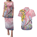 Australia Galah Couples Matching Puletasi and Hawaiian Shirt Gumblossoms Golden Wattle Aboriginal Art