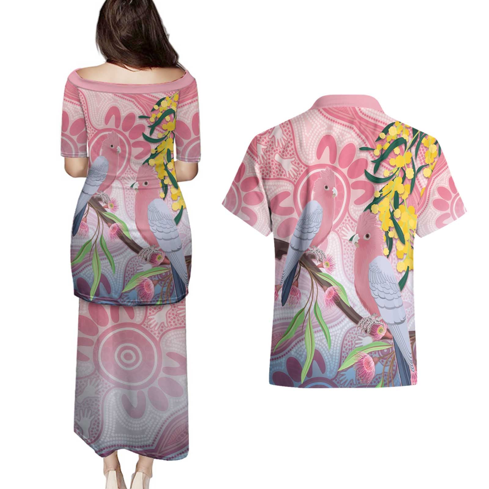 Australia Galah Couples Matching Puletasi and Hawaiian Shirt Gumblossoms Golden Wattle Aboriginal Art