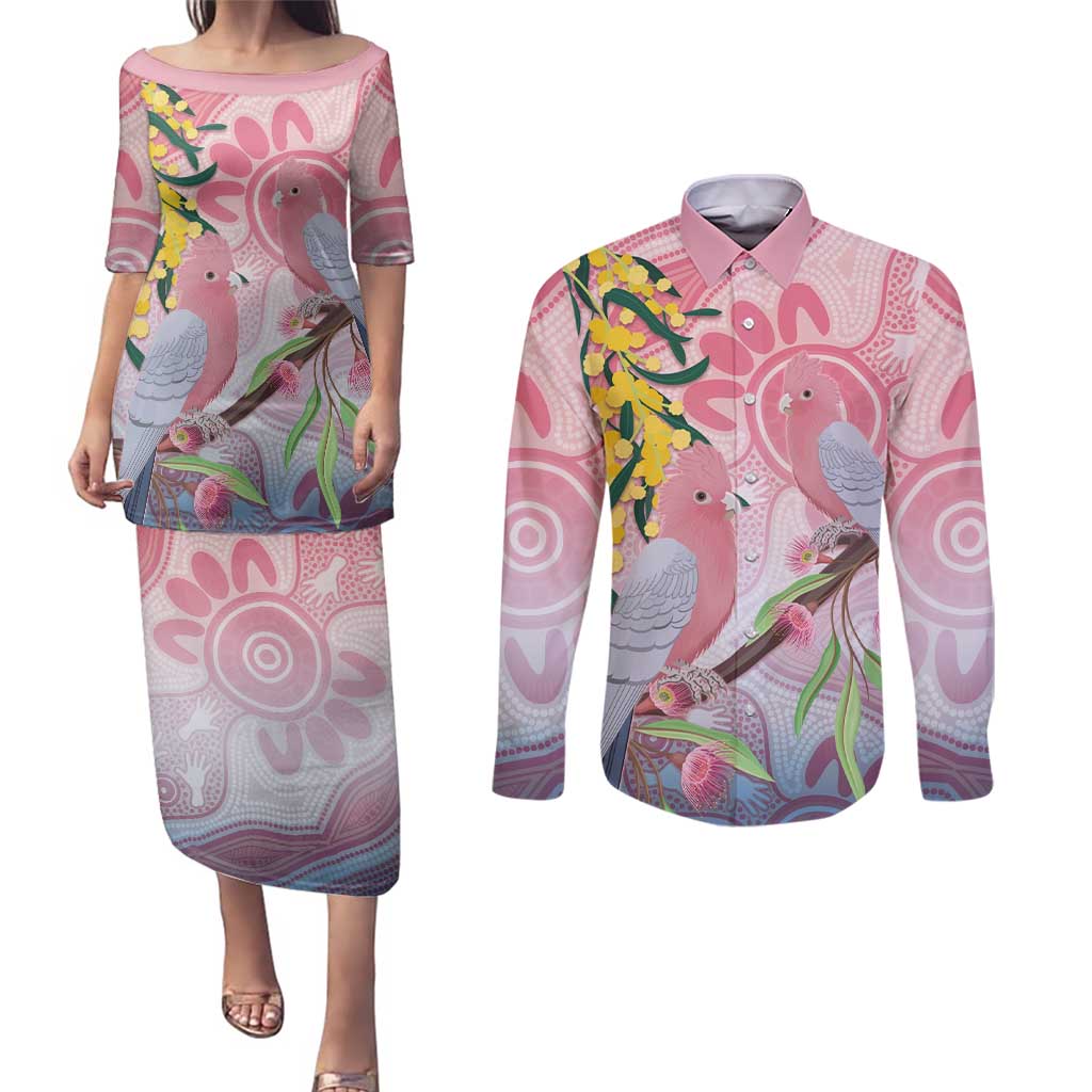 Australia Galah Couples Matching Puletasi and Long Sleeve Button Shirt Gumblossoms Golden Wattle Aboriginal Art