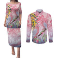 Australia Galah Couples Matching Puletasi and Long Sleeve Button Shirt Gumblossoms Golden Wattle Aboriginal Art