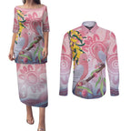 Australia Galah Couples Matching Puletasi and Long Sleeve Button Shirt Gumblossoms Golden Wattle Aboriginal Art