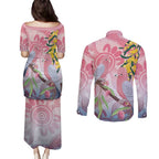 Australia Galah Couples Matching Puletasi and Long Sleeve Button Shirt Gumblossoms Golden Wattle Aboriginal Art