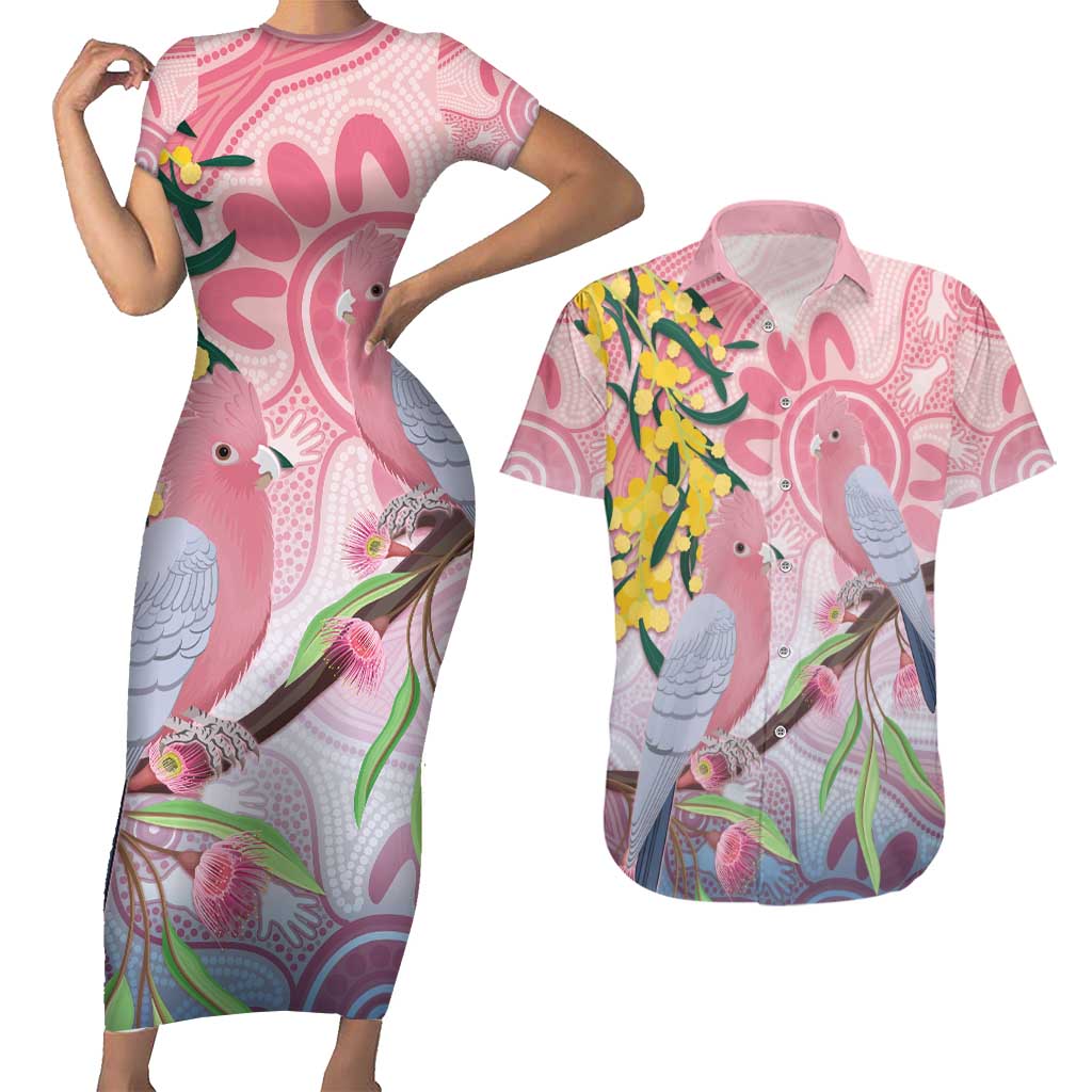 Australia Galah Couples Matching Short Sleeve Bodycon Dress and Hawaiian Shirt Gumblossoms Golden Wattle Aboriginal Art