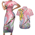 Australia Galah Couples Matching Short Sleeve Bodycon Dress and Hawaiian Shirt Gumblossoms Golden Wattle Aboriginal Art