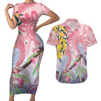 Australia Galah Couples Matching Short Sleeve Bodycon Dress and Hawaiian Shirt Gumblossoms Golden Wattle Aboriginal Art