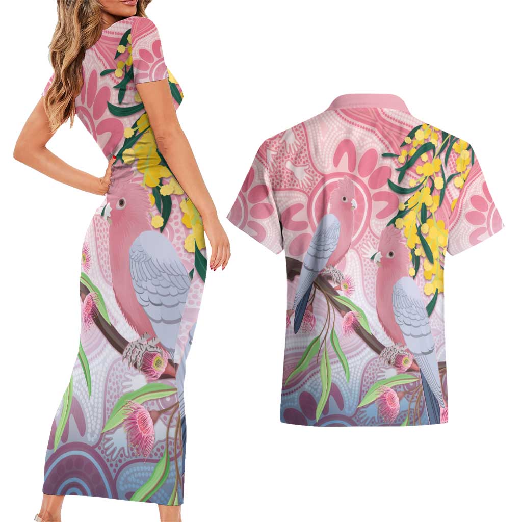 Australia Galah Couples Matching Short Sleeve Bodycon Dress and Hawaiian Shirt Gumblossoms Golden Wattle Aboriginal Art