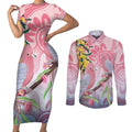 Australia Galah Couples Matching Short Sleeve Bodycon Dress and Long Sleeve Button Shirt Gumblossoms Golden Wattle Aboriginal Art