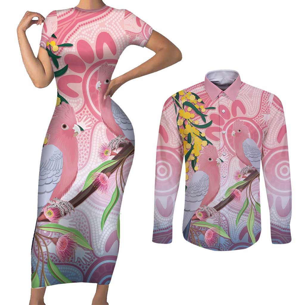 Australia Galah Couples Matching Short Sleeve Bodycon Dress and Long Sleeve Button Shirt Gumblossoms Golden Wattle Aboriginal Art