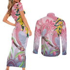 Australia Galah Couples Matching Short Sleeve Bodycon Dress and Long Sleeve Button Shirt Gumblossoms Golden Wattle Aboriginal Art