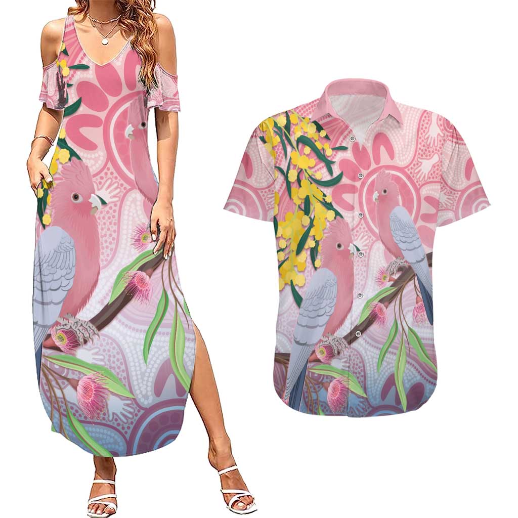 Australia Galah Couples Matching Summer Maxi Dress and Hawaiian Shirt Gumblossoms Golden Wattle Aboriginal Art