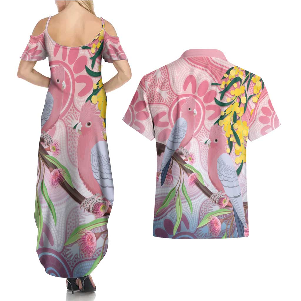 Australia Galah Couples Matching Summer Maxi Dress and Hawaiian Shirt Gumblossoms Golden Wattle Aboriginal Art