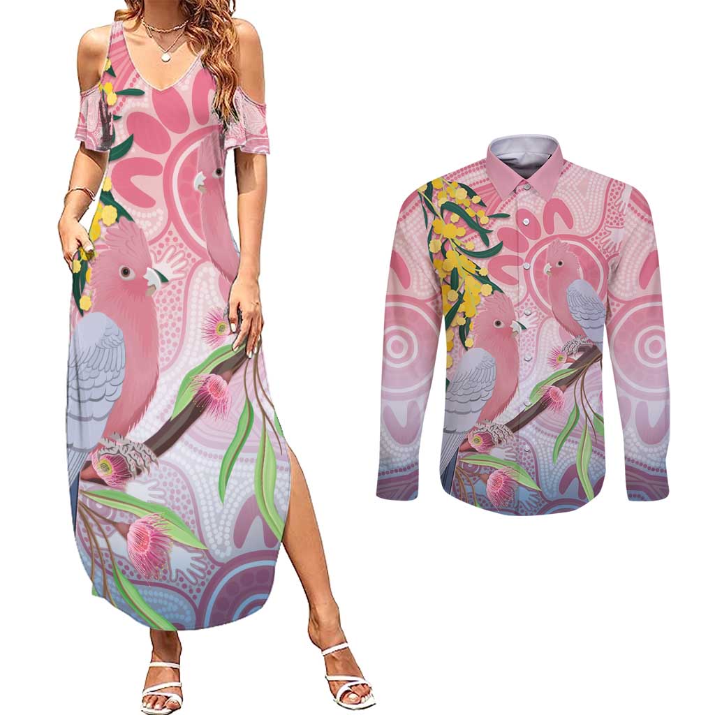 Australia Galah Couples Matching Summer Maxi Dress and Long Sleeve Button Shirt Gumblossoms Golden Wattle Aboriginal Art