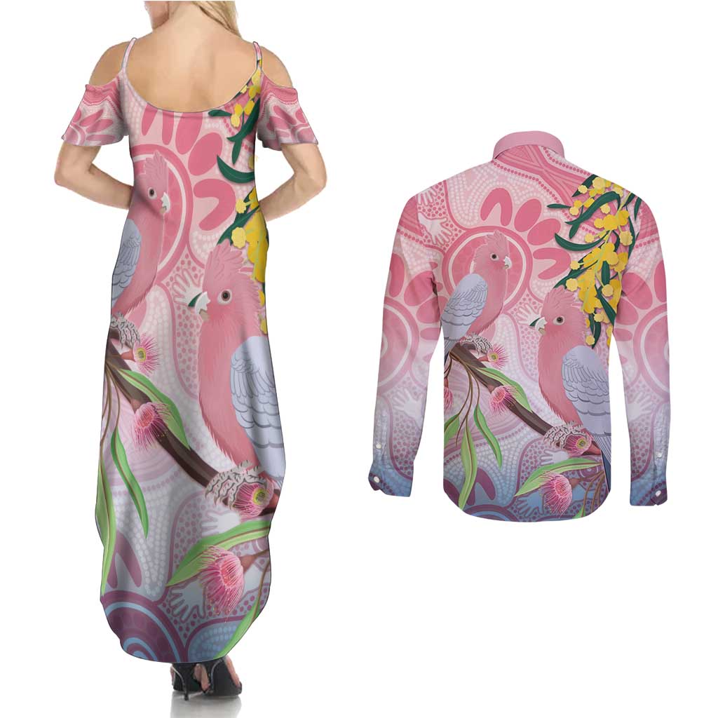 Australia Galah Couples Matching Summer Maxi Dress and Long Sleeve Button Shirt Gumblossoms Golden Wattle Aboriginal Art