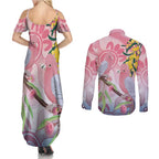 Australia Galah Couples Matching Summer Maxi Dress and Long Sleeve Button Shirt Gumblossoms Golden Wattle Aboriginal Art