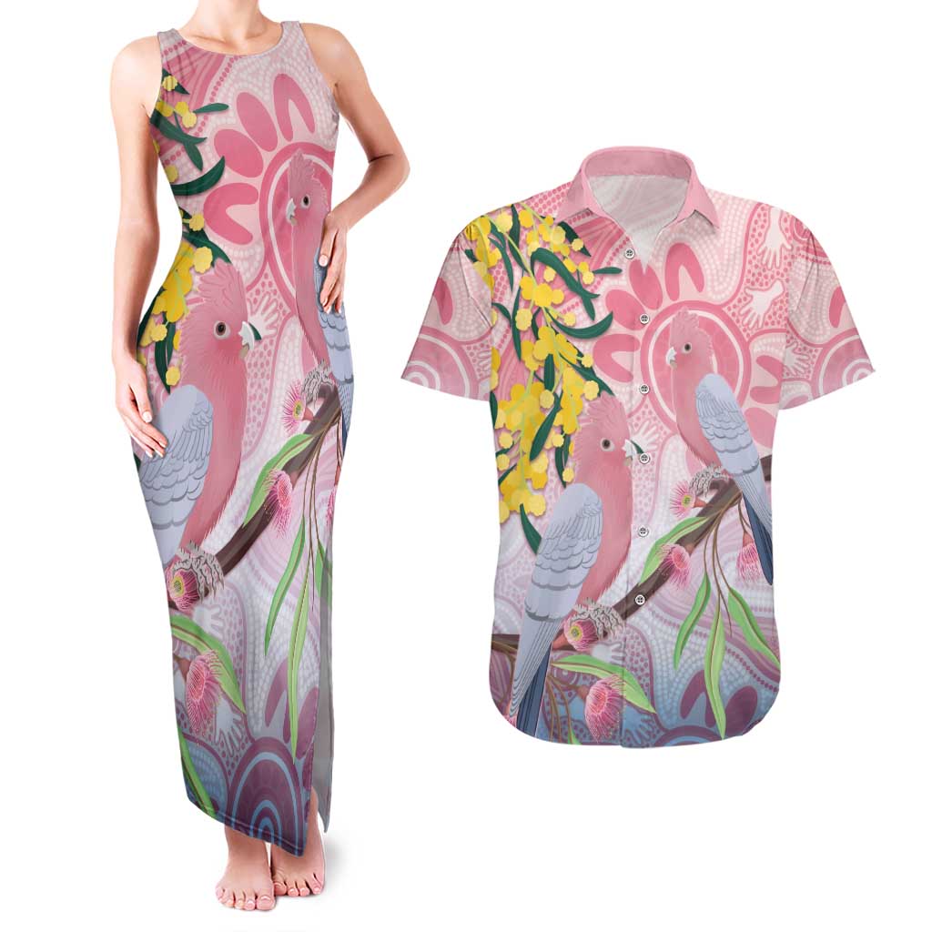 Australia Galah Couples Matching Tank Maxi Dress and Hawaiian Shirt Gumblossoms Golden Wattle Aboriginal Art