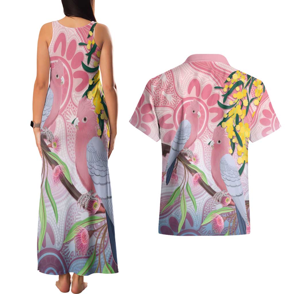 Australia Galah Couples Matching Tank Maxi Dress and Hawaiian Shirt Gumblossoms Golden Wattle Aboriginal Art