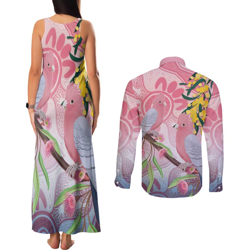 Australia Galah Couples Matching Tank Maxi Dress and Long Sleeve Button Shirt Gumblossoms Golden Wattle Aboriginal Art
