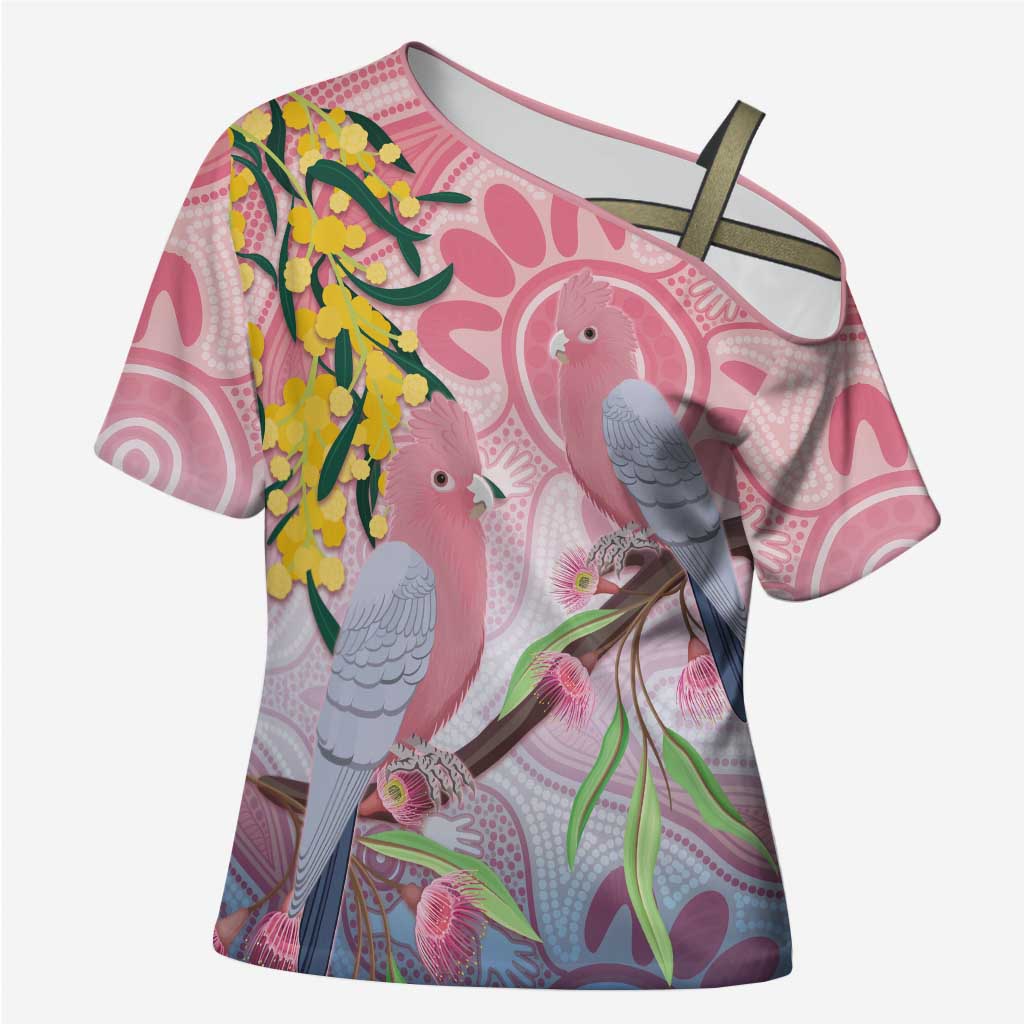 Australia Galah Cross Shoulder Shirt Gumblossoms Golden Wattle Aboriginal Art - Aussie Hoodie