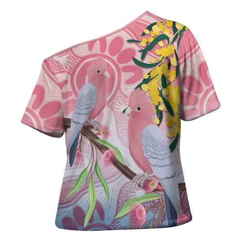 Australia Galah Cross Shoulder Shirt Gumblossoms Golden Wattle Aboriginal Art - Aussie Hoodie