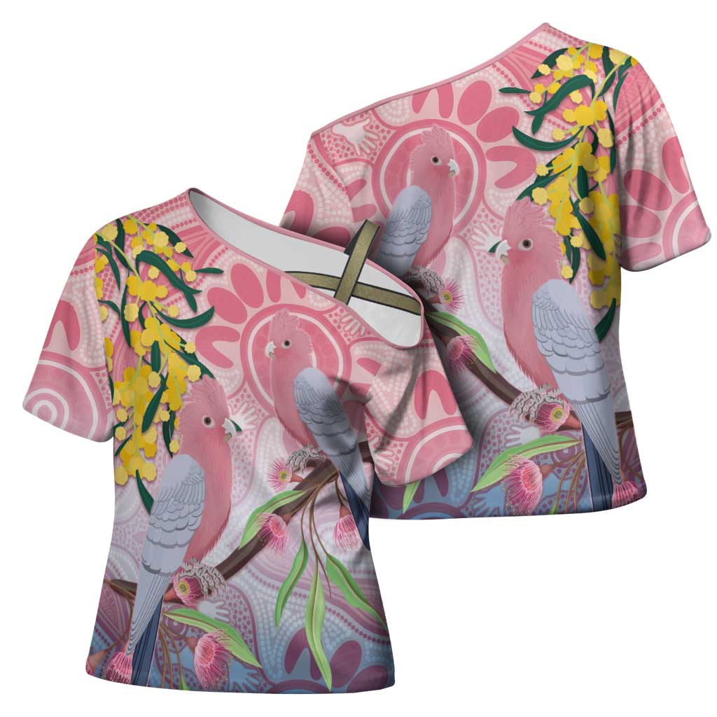 Australia Galah Cross Shoulder Shirt Gumblossoms Golden Wattle Aboriginal Art - Aussie Hoodie