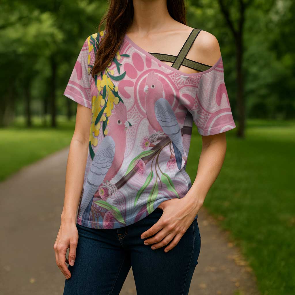Australia Galah Cross Shoulder Shirt Gumblossoms Golden Wattle Aboriginal Art - Aussie Hoodie