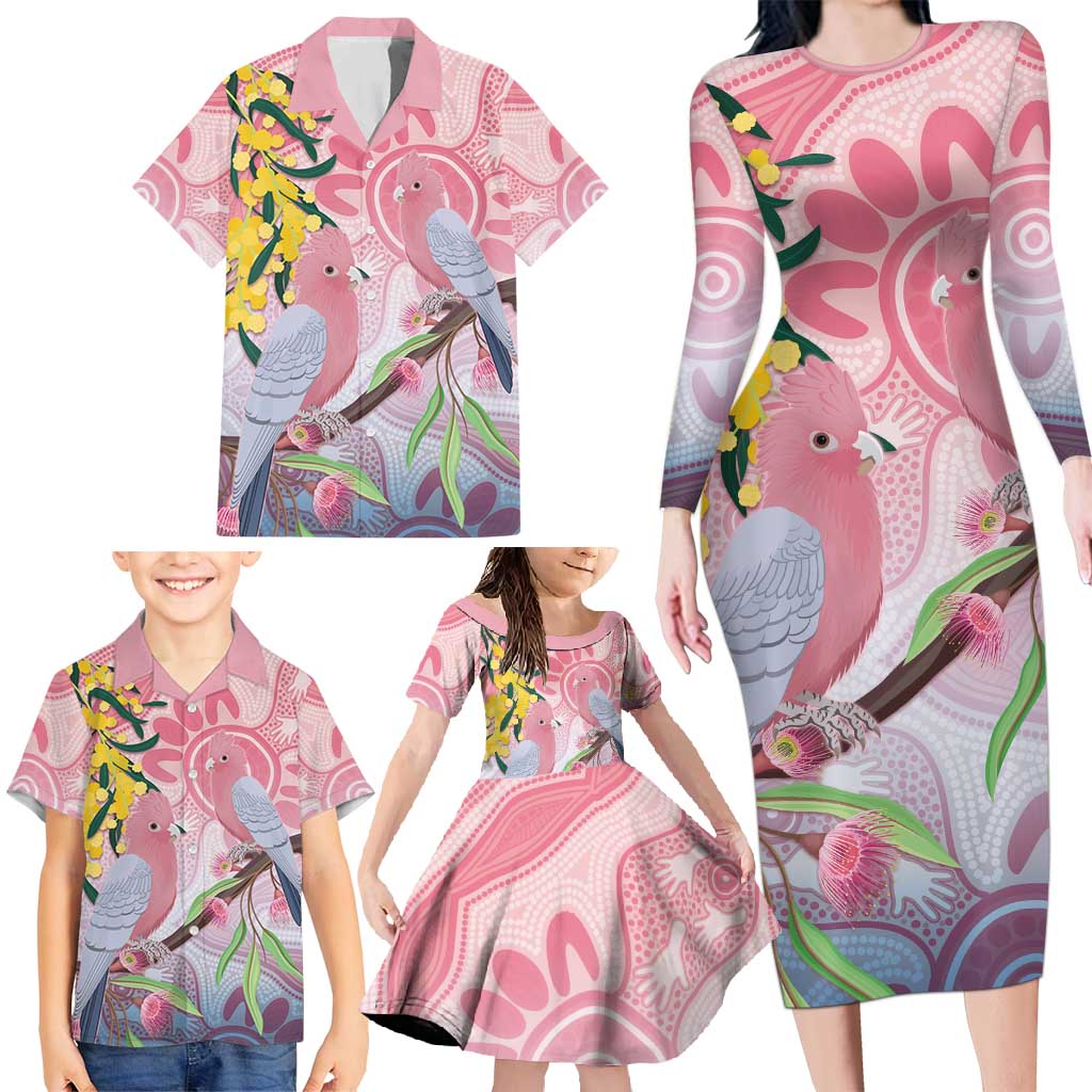 Australia Galah Family Matching Long Sleeve Bodycon Dress and Hawaiian Shirt Gumblossoms Golden Wattle Aboriginal Art