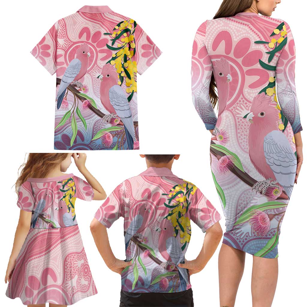 Australia Galah Family Matching Long Sleeve Bodycon Dress and Hawaiian Shirt Gumblossoms Golden Wattle Aboriginal Art