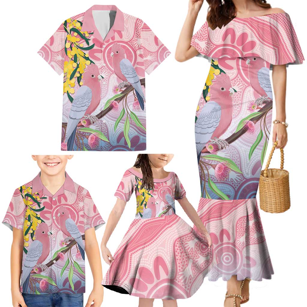 Australia Galah Family Matching Mermaid Dress and Hawaiian Shirt Gumblossoms Golden Wattle Aboriginal Art