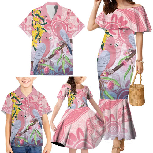 Australia Galah Family Matching Mermaid Dress and Hawaiian Shirt Gumblossoms Golden Wattle Aboriginal Art