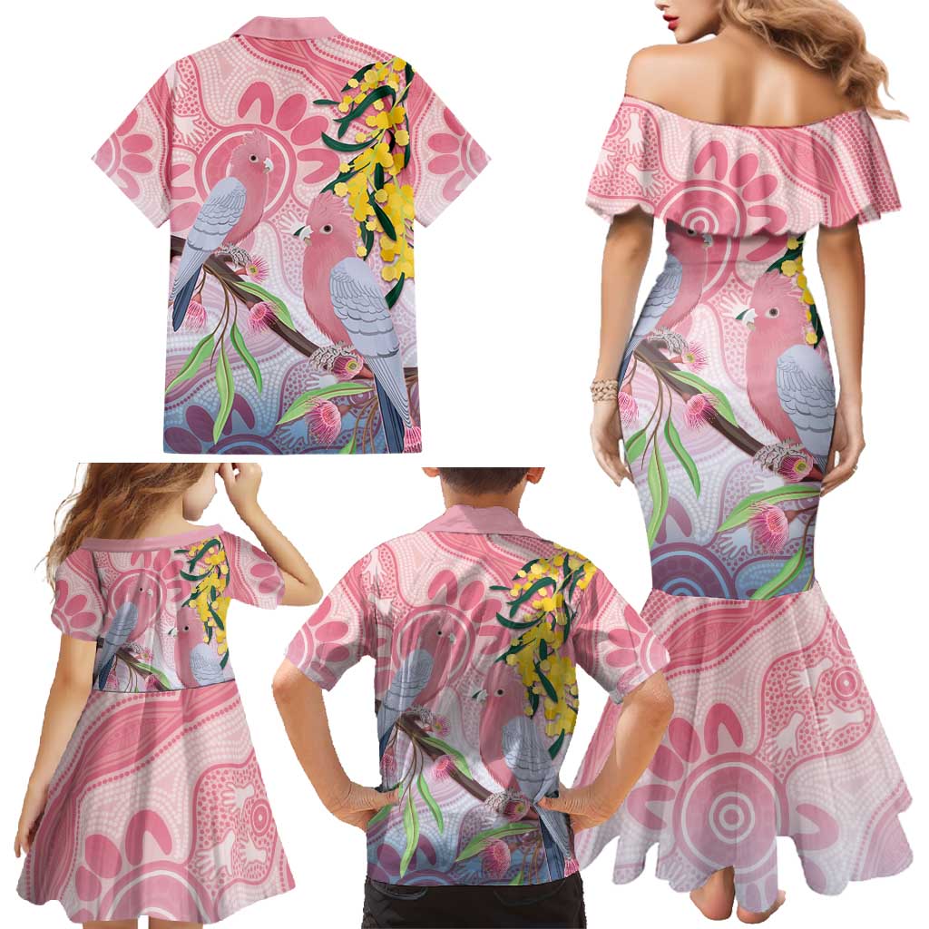 Australia Galah Family Matching Mermaid Dress and Hawaiian Shirt Gumblossoms Golden Wattle Aboriginal Art