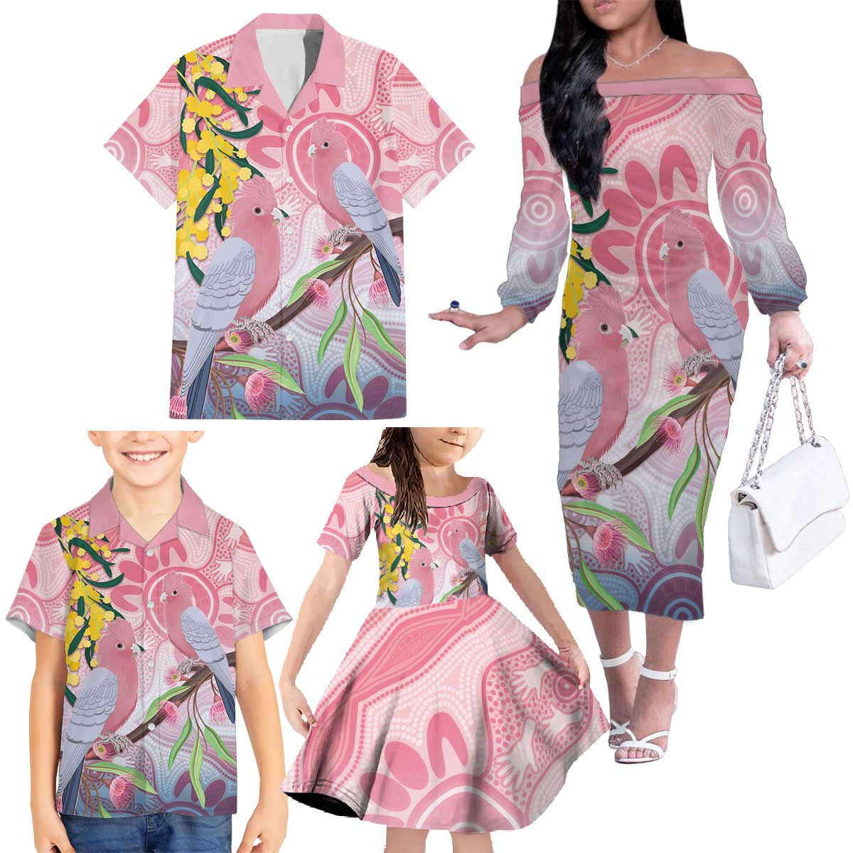 Australia Galah Family Matching Off The Shoulder Long Sleeve Dress and Hawaiian Shirt Gumblossoms Golden Wattle Aboriginal Art