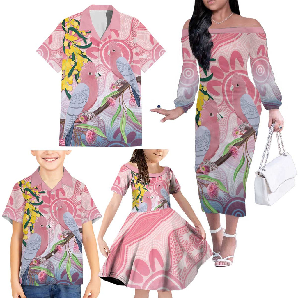 Australia Galah Family Matching Off The Shoulder Long Sleeve Dress and Hawaiian Shirt Gumblossoms Golden Wattle Aboriginal Art