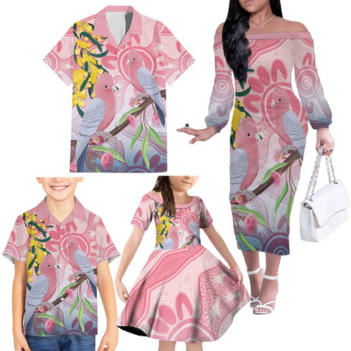 Australia Galah Family Matching Off The Shoulder Long Sleeve Dress and Hawaiian Shirt Gumblossoms Golden Wattle Aboriginal Art