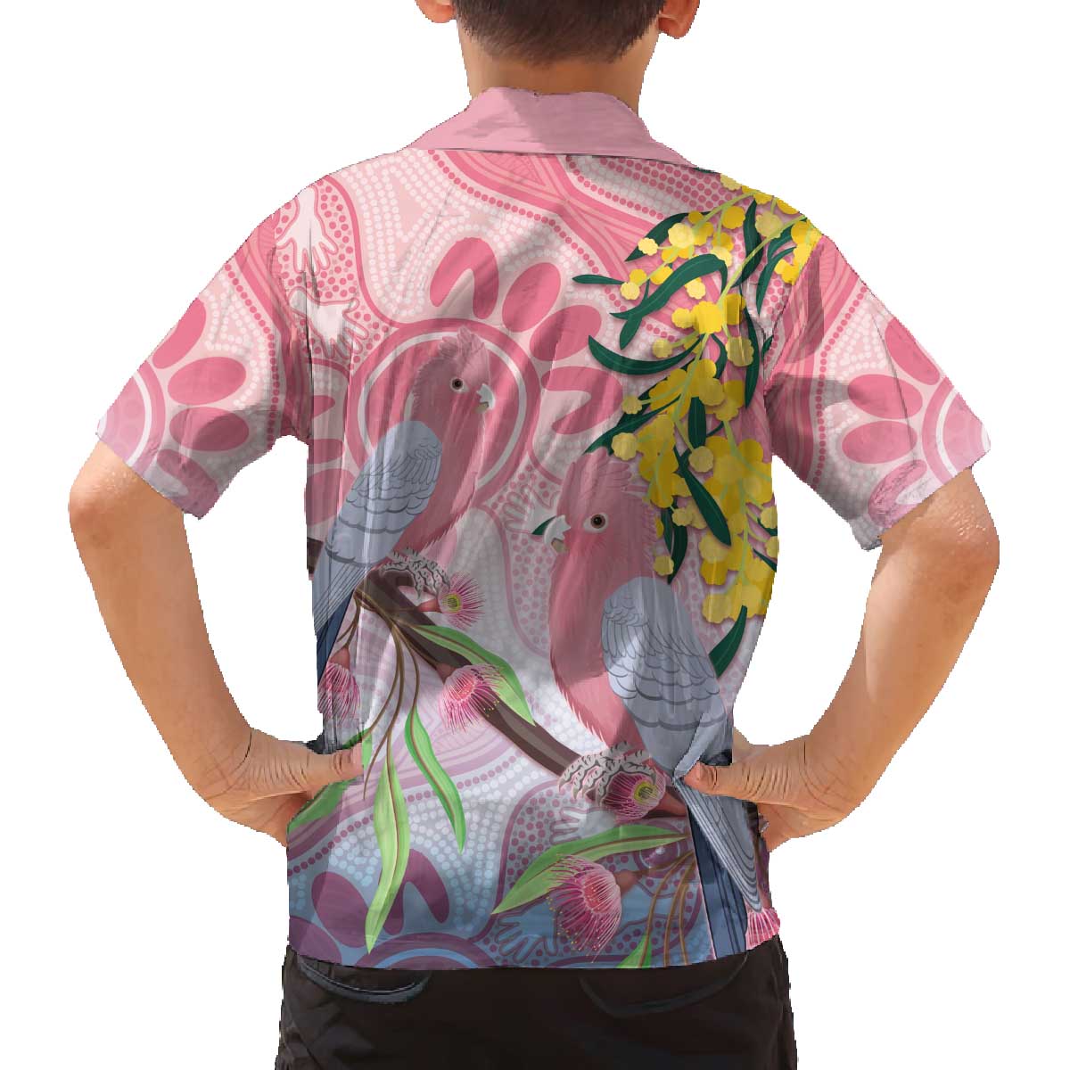 Australia Galah Family Matching Off The Shoulder Long Sleeve Dress and Hawaiian Shirt Gumblossoms Golden Wattle Aboriginal Art