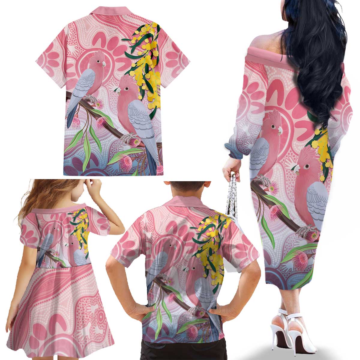 Australia Galah Family Matching Off The Shoulder Long Sleeve Dress and Hawaiian Shirt Gumblossoms Golden Wattle Aboriginal Art