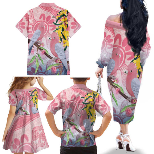 Australia Galah Family Matching Off The Shoulder Long Sleeve Dress and Hawaiian Shirt Gumblossoms Golden Wattle Aboriginal Art