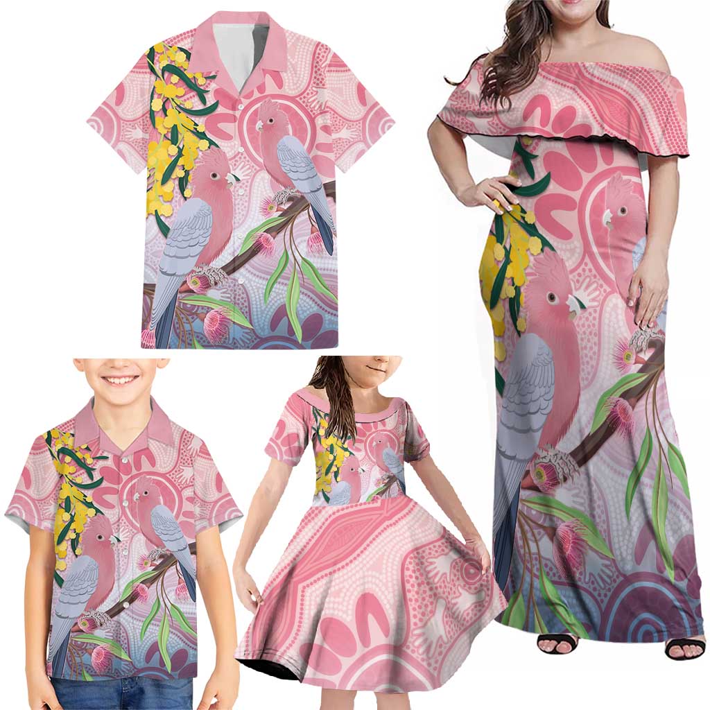 Australia Galah Family Matching Off Shoulder Maxi Dress and Hawaiian Shirt Gumblossoms Golden Wattle Aboriginal Art