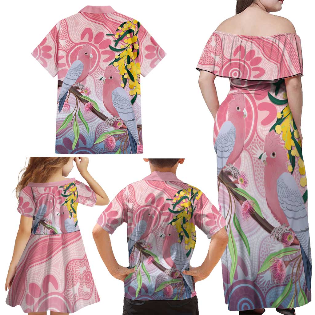 Australia Galah Family Matching Off Shoulder Maxi Dress and Hawaiian Shirt Gumblossoms Golden Wattle Aboriginal Art
