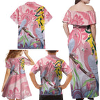Australia Galah Family Matching Off Shoulder Maxi Dress and Hawaiian Shirt Gumblossoms Golden Wattle Aboriginal Art