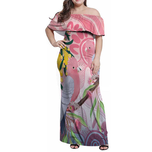 Australia Galah Family Matching Off Shoulder Maxi Dress and Hawaiian Shirt Gumblossoms Golden Wattle Aboriginal Art