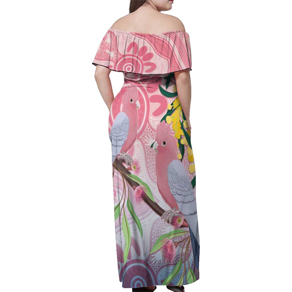Australia Galah Family Matching Off Shoulder Maxi Dress and Hawaiian Shirt Gumblossoms Golden Wattle Aboriginal Art