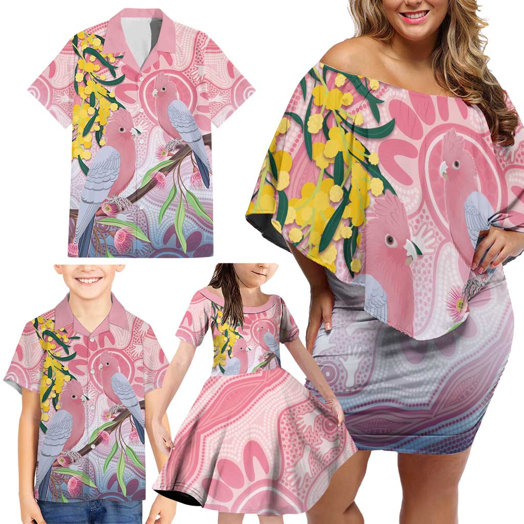 Australia Galah Family Matching Off Shoulder Short Dress and Hawaiian Shirt Gumblossoms Golden Wattle Aboriginal Art