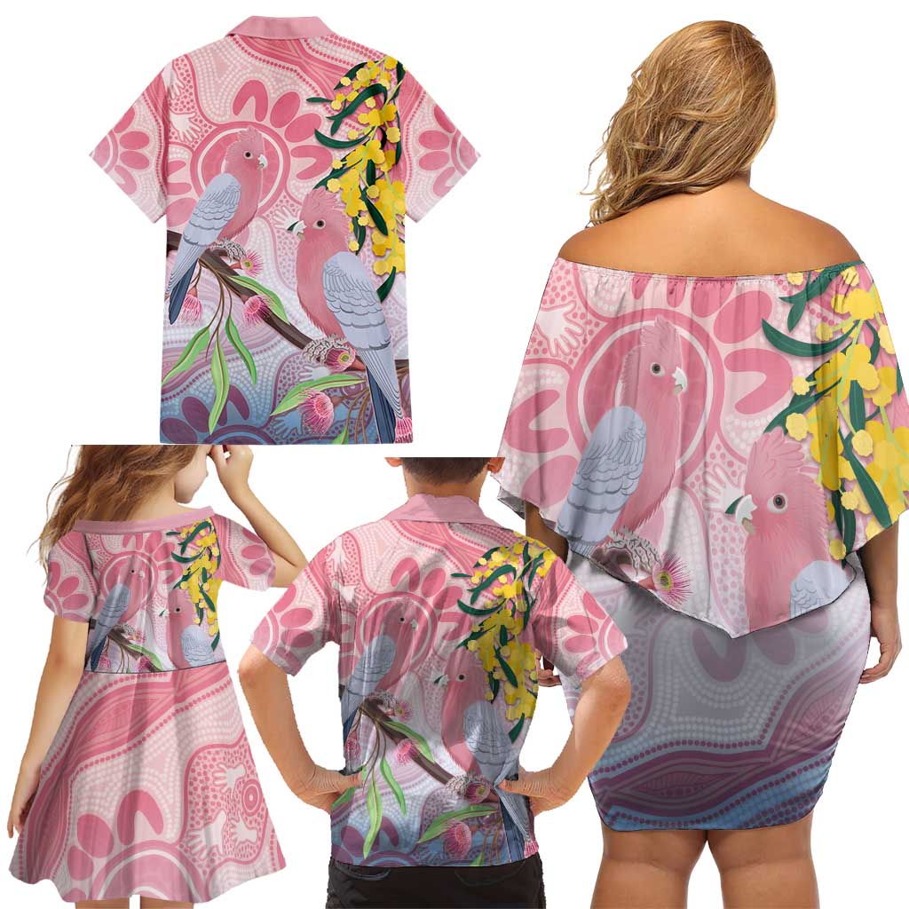 Australia Galah Family Matching Off Shoulder Short Dress and Hawaiian Shirt Gumblossoms Golden Wattle Aboriginal Art