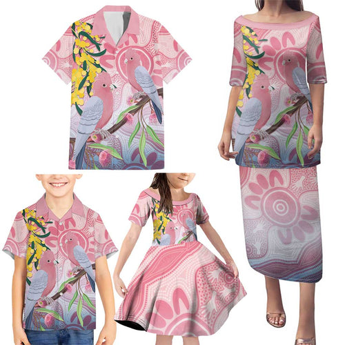 Australia Galah Family Matching Puletasi and Hawaiian Shirt Gumblossoms Golden Wattle Aboriginal Art