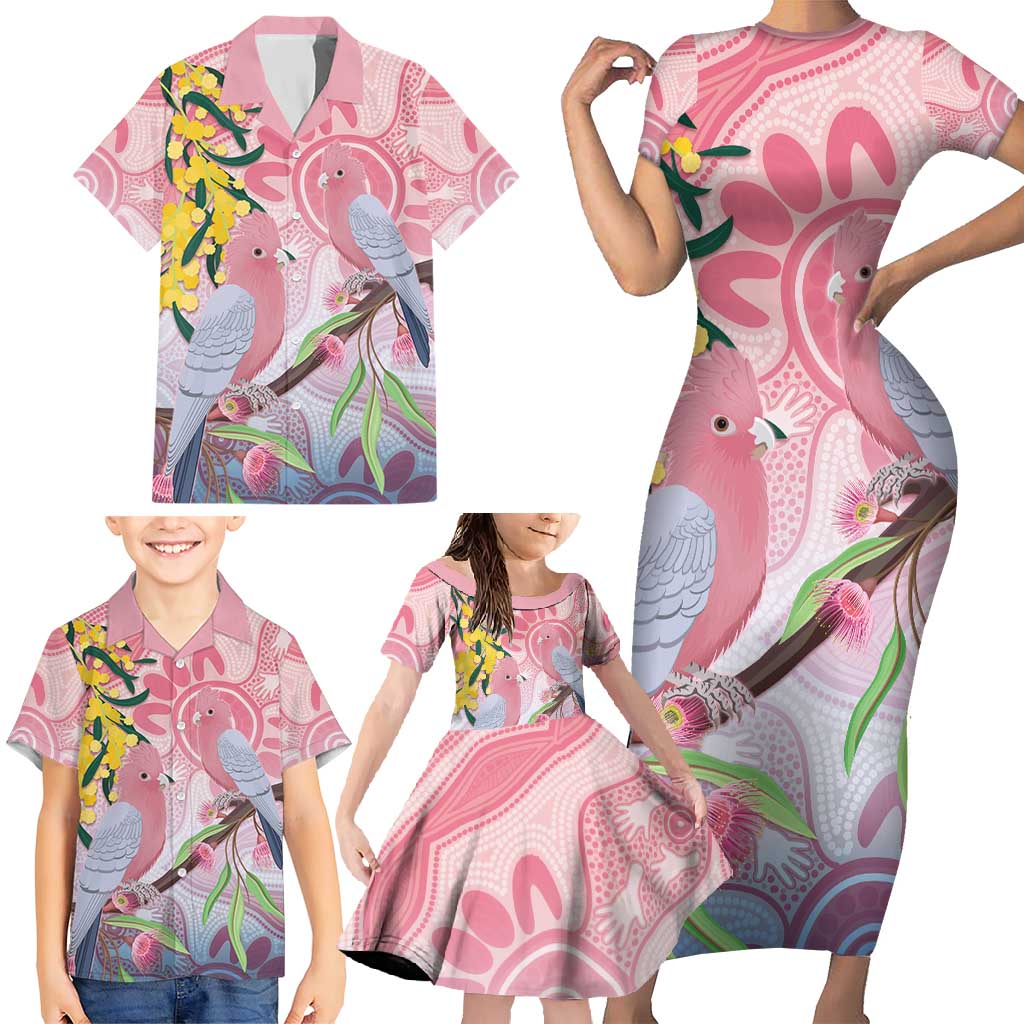 Australia Galah Family Matching Short Sleeve Bodycon Dress and Hawaiian Shirt Gumblossoms Golden Wattle Aboriginal Art