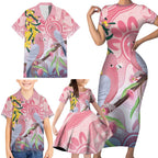Australia Galah Family Matching Short Sleeve Bodycon Dress and Hawaiian Shirt Gumblossoms Golden Wattle Aboriginal Art